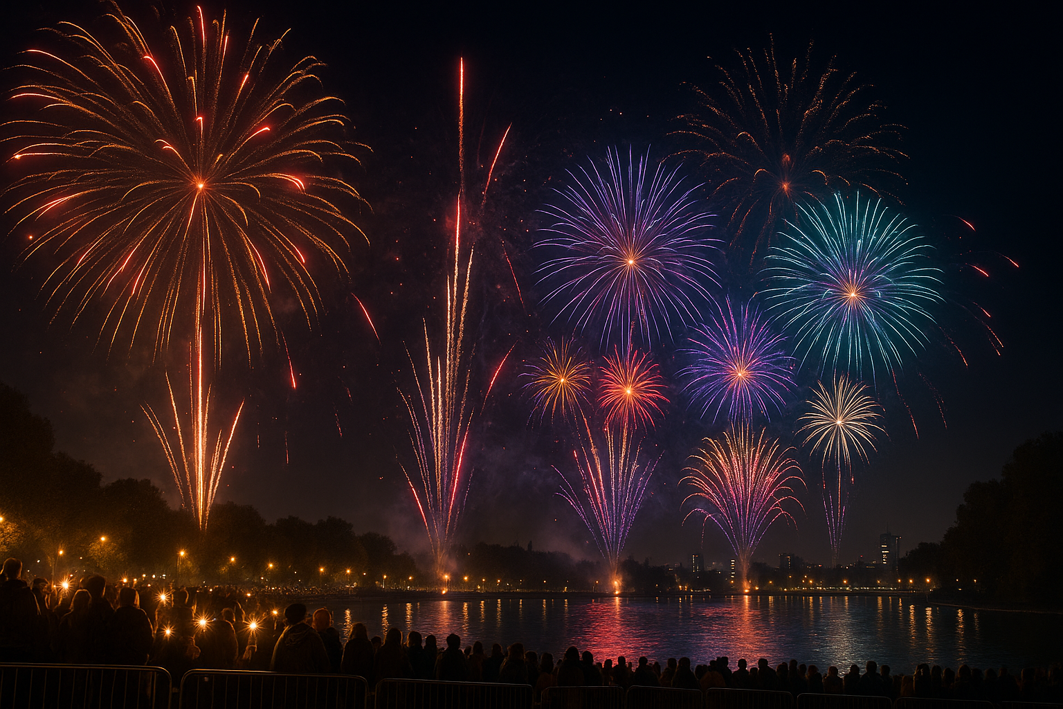 Colorful fireworks display over a lake